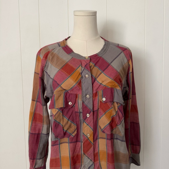 Étoile Isabel Marant Pink Red Orange Plaid Print Crew Neck Blouse - Picture 2 of 7
